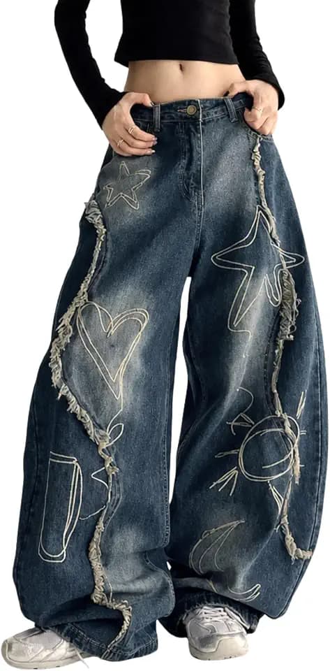 Barrel Jeans for Women Star Embroidered Baggy Pants Cute Clothes