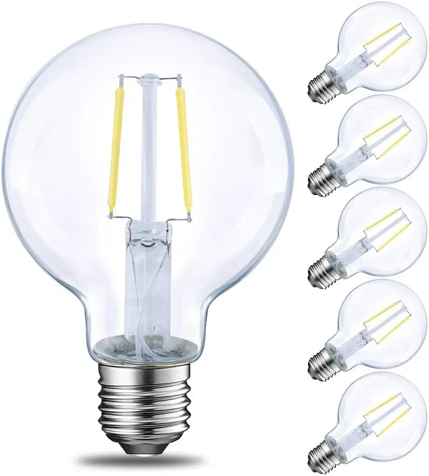E ENERGETIC LIGHTING LED Globe G25 Dimmable Edison Light Bulb, 40 Watt Equivalent, 5000K,350LM, E26 Medium Screw Base, Christmas Light, G80 LED Edison Light Bulb, ETL Listed, 6-Pack