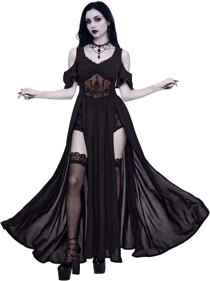 Women's Gothic Maxi Dress Cold Shoulder Embroidered Witch Halloween Costume