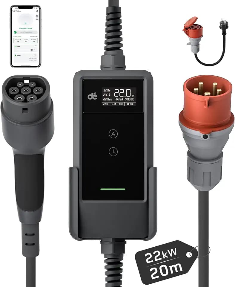 dé Mobile Wallbox/Ladestation 22kW Mit App [3-phasig|20m|6-32A] mit stromzähler, Ladekabel CEE 32A auf Typ 2 und EV Ladegerät für Model Y/3, ID.3/4/5, MG4, EX30, e-up, e-tron und andere EV/PHEV