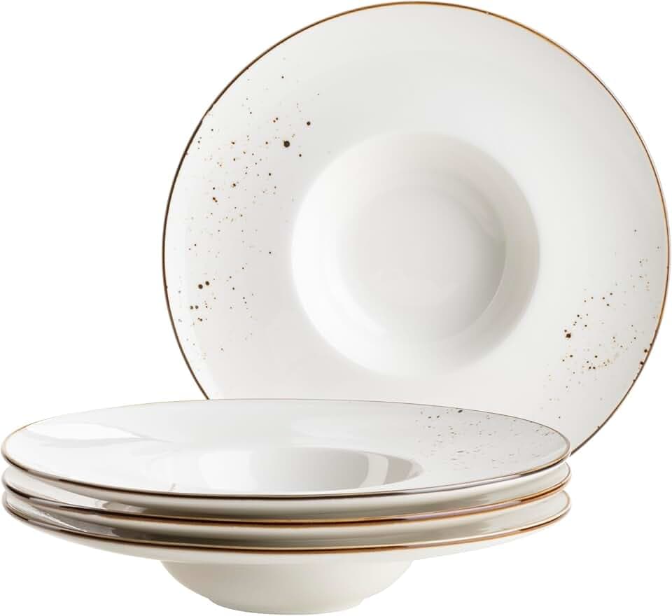 MÄSER Serie Pintar, hochwertiges Gourmetteller-Set, 4-teilig mit Ø 26 cm, breiter Tellerrand, mit heller Glasur, visuellen braunen Sprenkeln und feinem Rand im Vintage Look, Porzellan