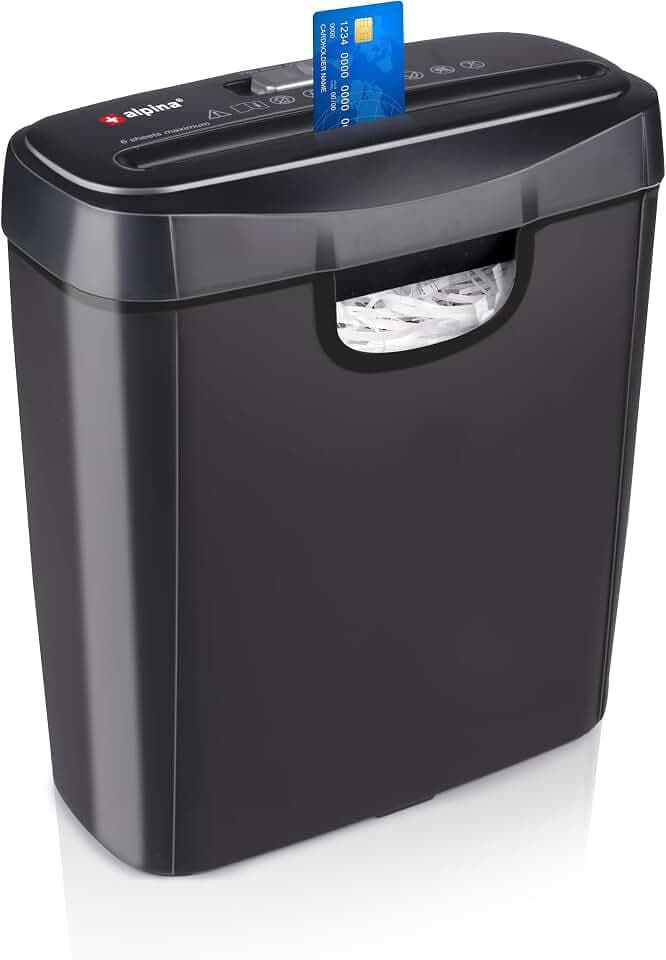 Alpina Aktenvernichter – Papiershredder für Zuhause und Büro – Shredder Zerstört Kreditkarten – Zerkleinern Sie 6 A4-Blätter auf Einmal – 10L Behälter – 190W Leistung – Streifenschnitt – Schwarz