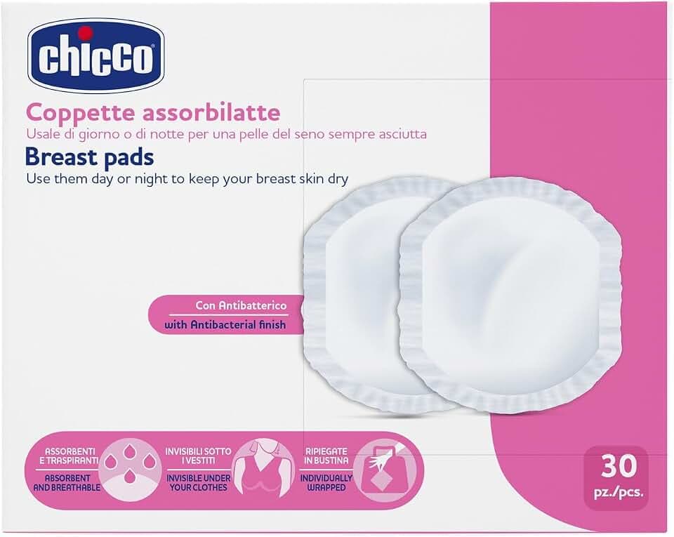 Chicco Stilleinlagen für Tag und Nacht, antibakteriell, ultra-saugfähig, weich und atmungsaktiv, mit Klebestreifen zum Fixieren der Stilleinlagen, diskretes Design, 30 Stück, weiß