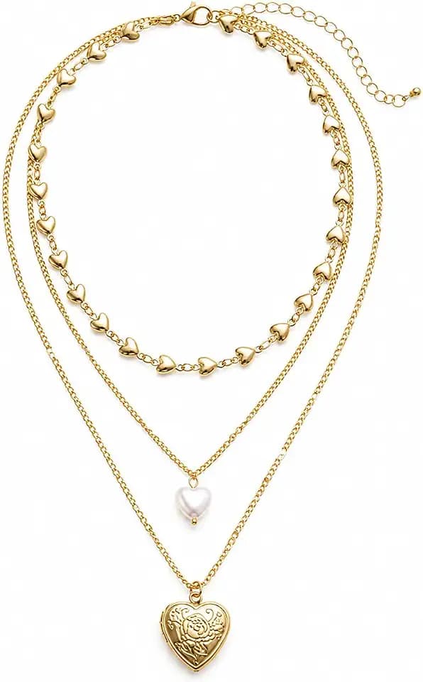Layered Heart Pendant Necklace, Gold Tone Pearl Chain Jewelry for Women