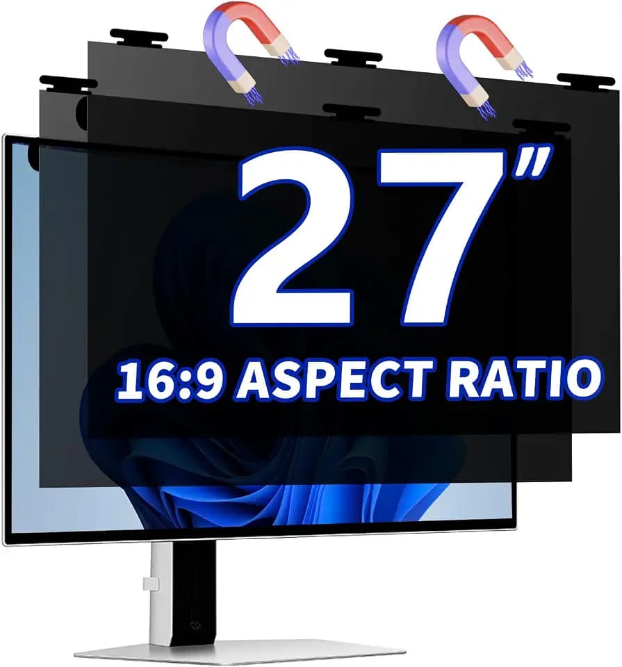 [2 Pack] 27 Inch Magnetic Hanging Computer Privacy Screen for 16:9 Widescreen Monitor, Eye Protection Anti Glare Blue Light Filter, Removable Reusable 27in Anti Spy Security Protector Film