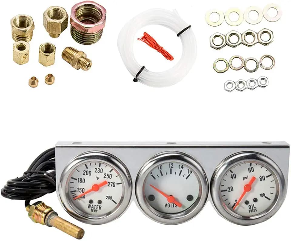 Triple Gauge Kit, 3 in 1 Car Oil Volt Water Gauge, Chrome Housing, White Face, Red Needles, 51mm Size, 100-280F Water Temp, 8-16V Volts, 0-100psi Oil Pressure