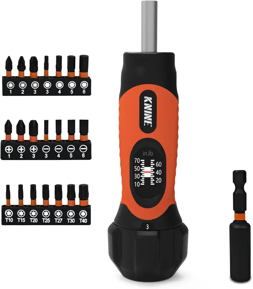 KNINE OUTDOORS Torque Screwdriver Wrench Driver Set 10-70 Inch Pounds lbs for Maintenance, 21 Hex Bits, Shaft Extension, For Tools, Bike Repairing and Mounting, Orange