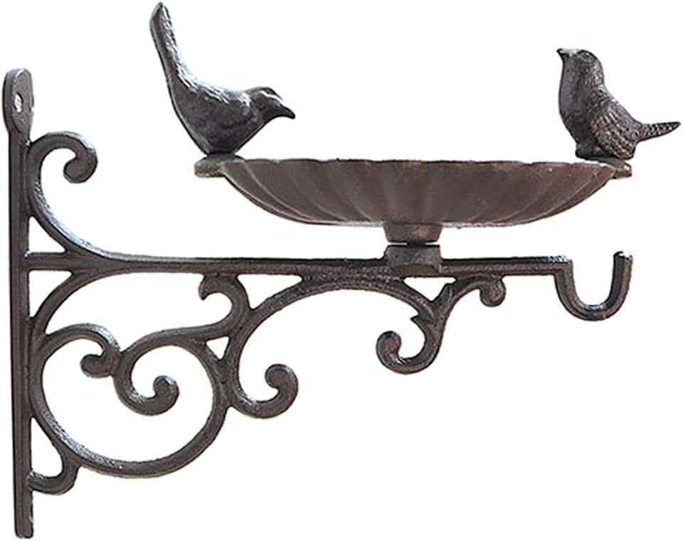 Outdoor Hanging Bracket with Bird Feeder - Cast Iron Hanger Wall Hook for Hanging Planters, Lanterns, Wind Chimes and More Garden Decorative Items, Wall Mounted Mini Bird Bath