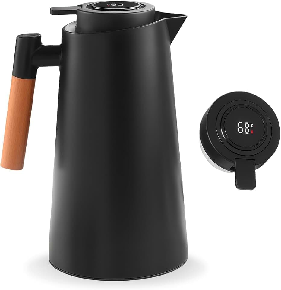 Thermoskanne 1L: Schwarz Isolierkanne mit Temperaturanzeige, Kaffeekanne Thermo mit Holzgriff, Tee Thermoskanne mit Temperaturanzeige, Gut Abgedichtet Kaffeekanne, für Kaffee, Tee und Milch