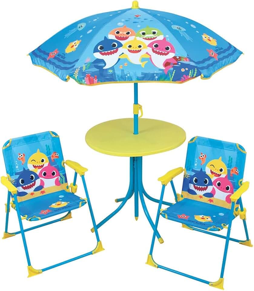 FUN HOUSE Baby Shark Salon de jardin - 1 table H.46xø46 cm, 2 chaises H.53xl.38,5xP.37,5 cm et 1 parasol H.125 x ø100 cm