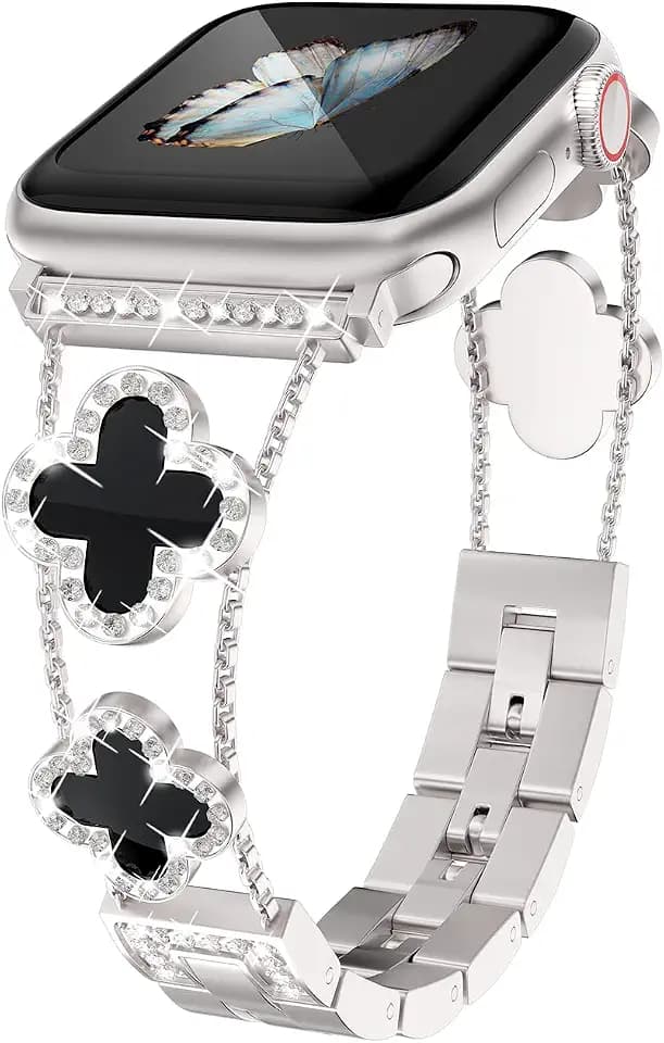 Diamant-Metallband verleiht,kompatibel mit Apple Watch Serie9/ 8/7/6/5/4/3/2/1SE/,Clover ist einfach und stilvoll,verstellbares Ersatzarmband passend für Damengrößen