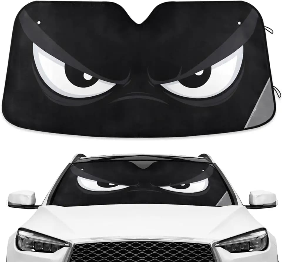 Evil White Eyes Black Windshield Sunshade Car Sun Shade Front Window Shade for Truck SUV Blocks UV Rays Sun Reflector Visor Protector Accordion Folding