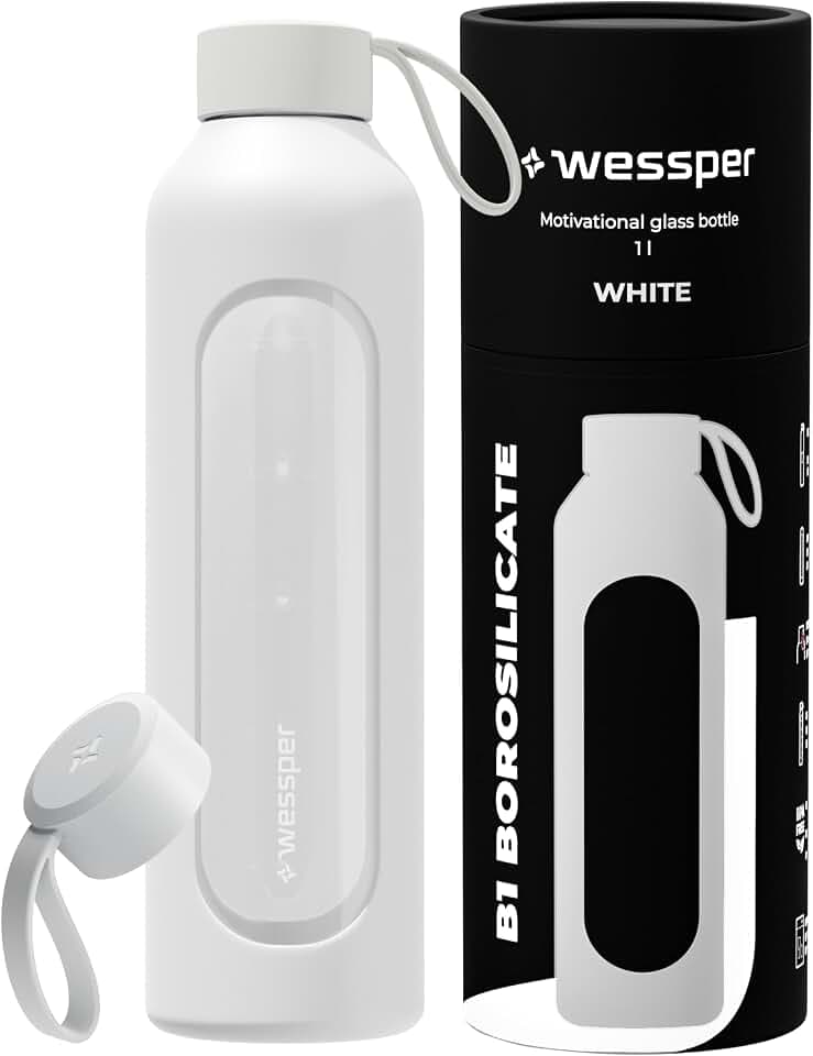 Wessper Trinkflasche Glas 1 Liter, Motivations wasser glasflasche mit Hydrationsskala, borosilikatglas flasche mit Silikonhülle, bpa freie Trinkflaschen - Weiß