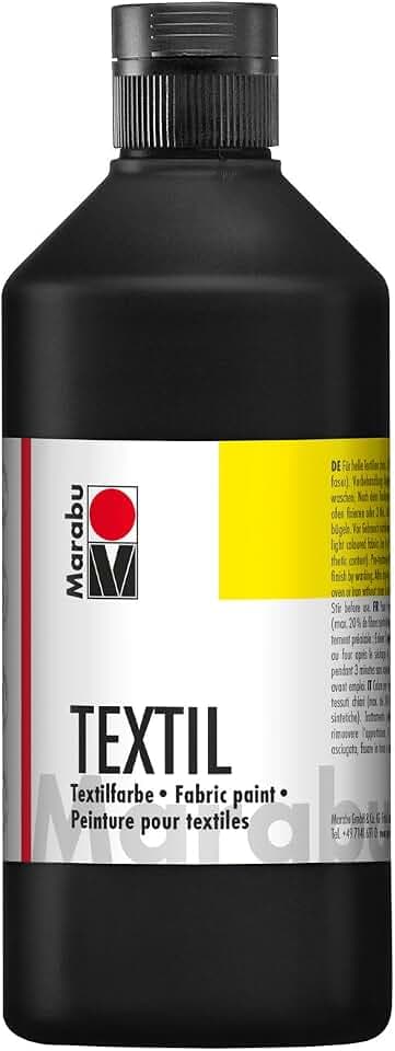 Marabu 17160075073 - Textil Stoffmalfarbe für helle Stoffe, Schwarz 500 ml, Druckfarbe auf Wasserbasis, waschbeständig bis 60°C, Fixierung durch Bügeln o. Backofen