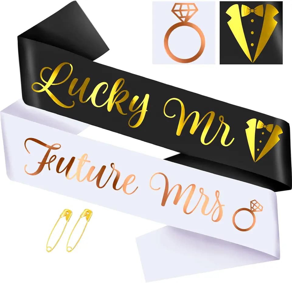 Lucky Mr & Future Mrs - Groom to Be Sash and Bride to Be Sash Set, Funny Black Bachelor & White Bachelorette Sashes for Bridal Shower Wedding Party Decorations Engagement Gifts (Gold + Rose Gold)