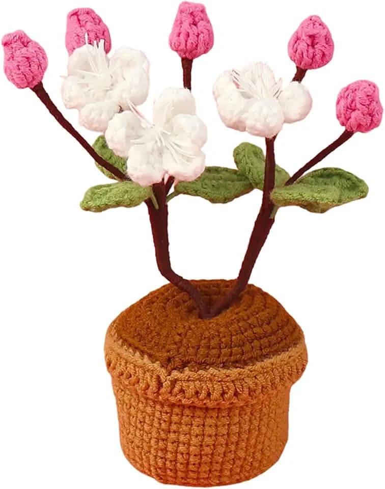 Handmade Crochet Pink Cherry Blossom Bonsai Flower Realistic Artificial Plant for Home Desk Decor Unique Gift Idea for Women, Wedding, Mother's Day