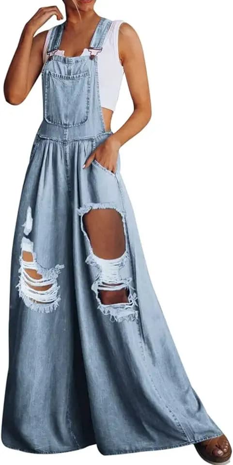 chouyatou Women's Loose Adjustable Strap Wide Leg Denim Bib Overalls Baggy Distressed Jean Overalls Pants