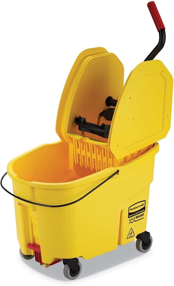 Rubbermaid Commercial Products WaveBrake 44 QT Down-Press Mop Bucket and Wringer Combo on Wheels with Foot Drain Yellow for Heavy-Duty Floor Cleaning