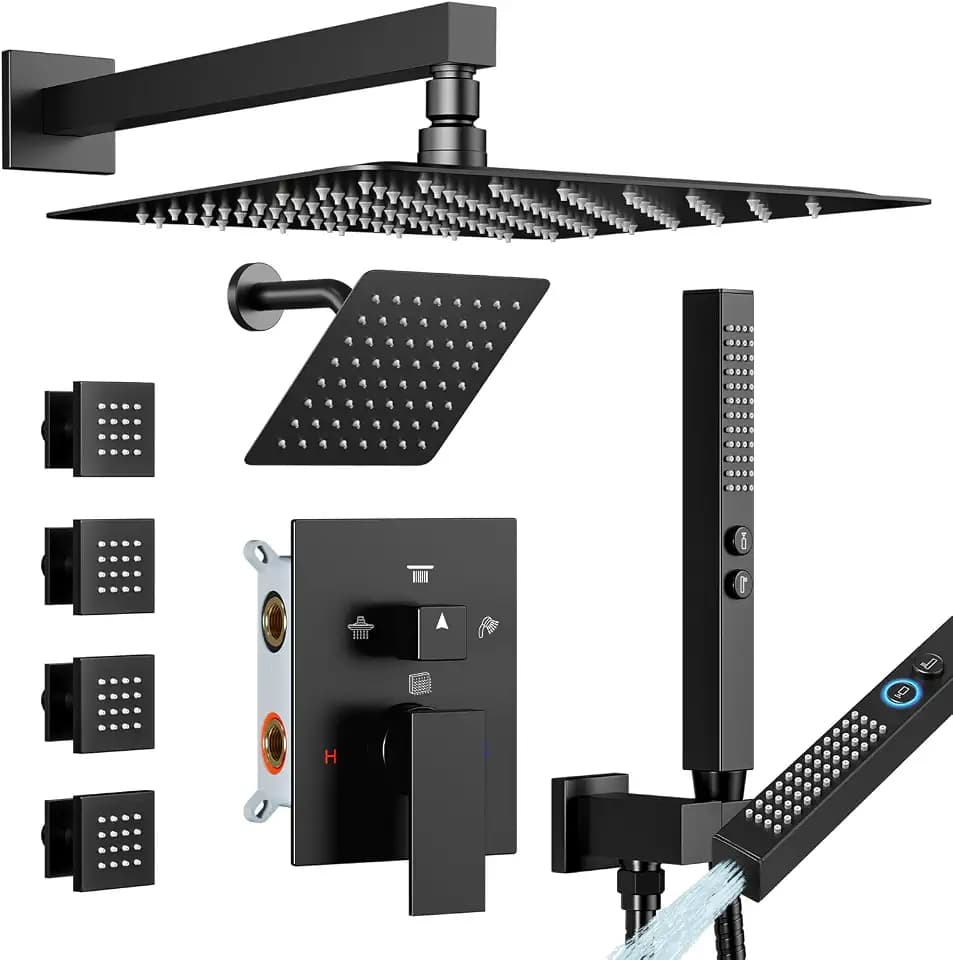 Shower Faucet Sets Matte Black Shower System,STARBATH 4 Way 12+6" Dual Head Shower Set Complete with 2 in 1 Handheld,Wall Mounted Rainfall Shower Head with 4 Body Spray Jets, Shower Jets System