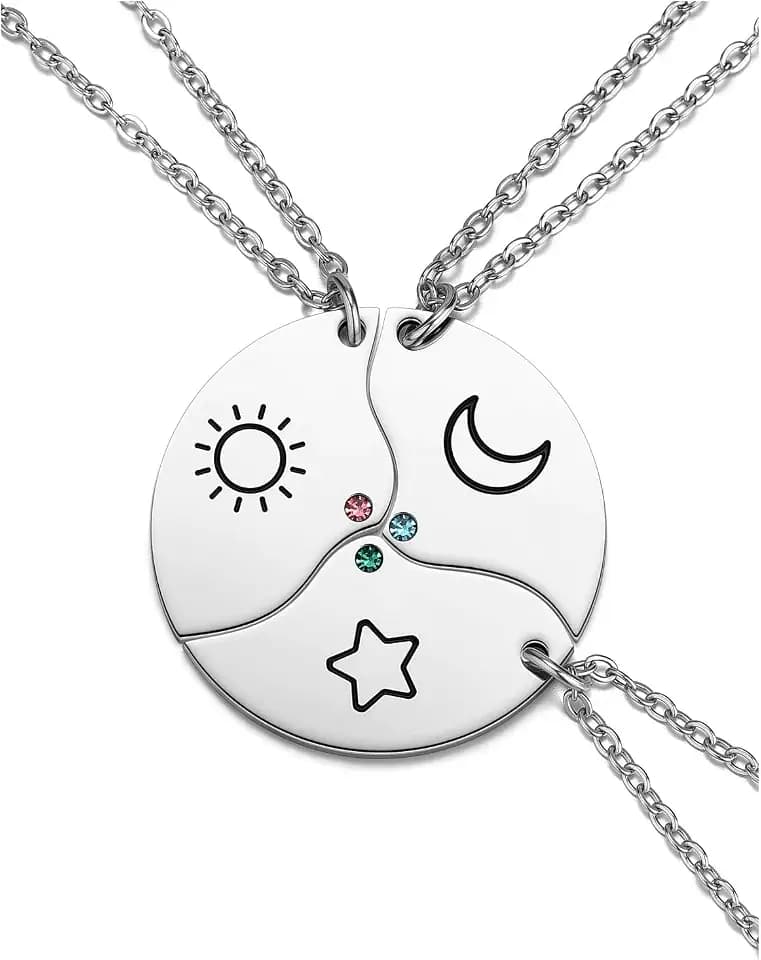 PESOENTH Friendship Family Bff Necklace for 3/4,Best Friend Necklaces Sun Moon Star Jewelry for Women Best Friend Birthday Christmas Graduation Gifts for Friends Family