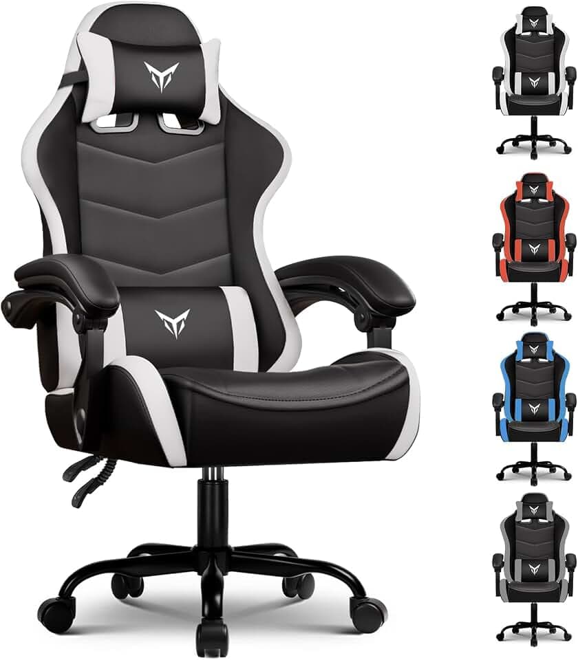 GTPLAYER Gaming Chair, Video Game Chairs Racing Style PC Game Chairs 350lbs for Adults - Padded High Back Ergonomic Reclining Silla Gamer, Linkage Armrest,White