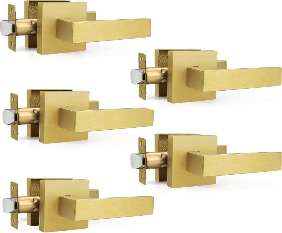Gobrico 5 Pack Gold Keyless Square Levers Handles, Satin Brass Finish, Interior Passage Door Locksets for Hall Closet Door Knobs Lock Reversible Right & Left Handed