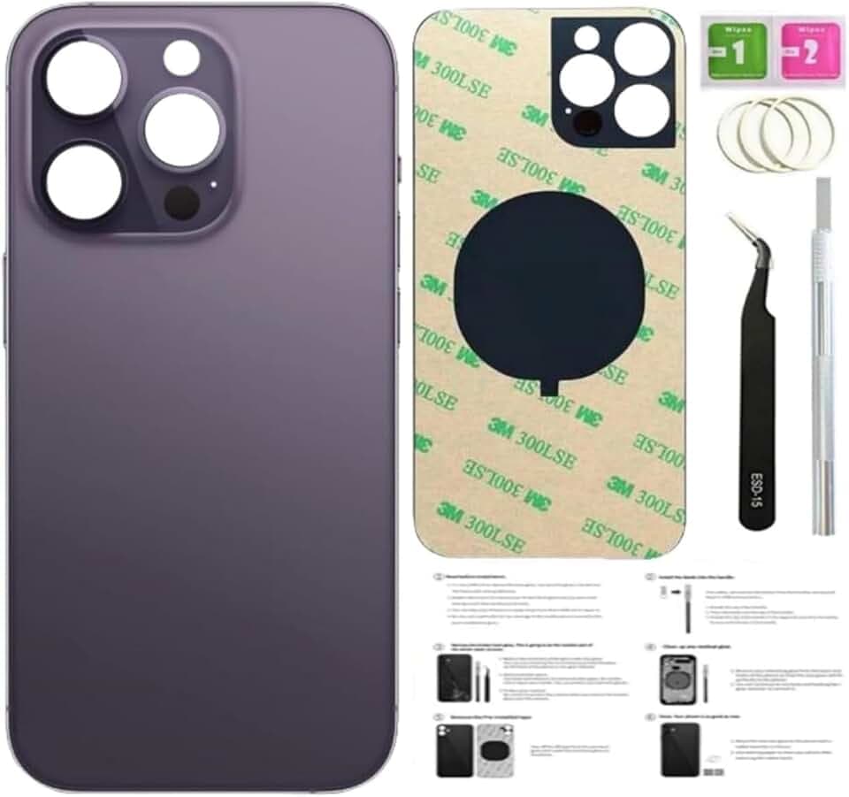 14 Pro Back Glass Replacement for iPhone 14 Pro Back Cover Glass (Deep Purple, 6.1 Inch) with Pre-Installed Tape +Installation Instruction + Repair Tools (Deep Purple)