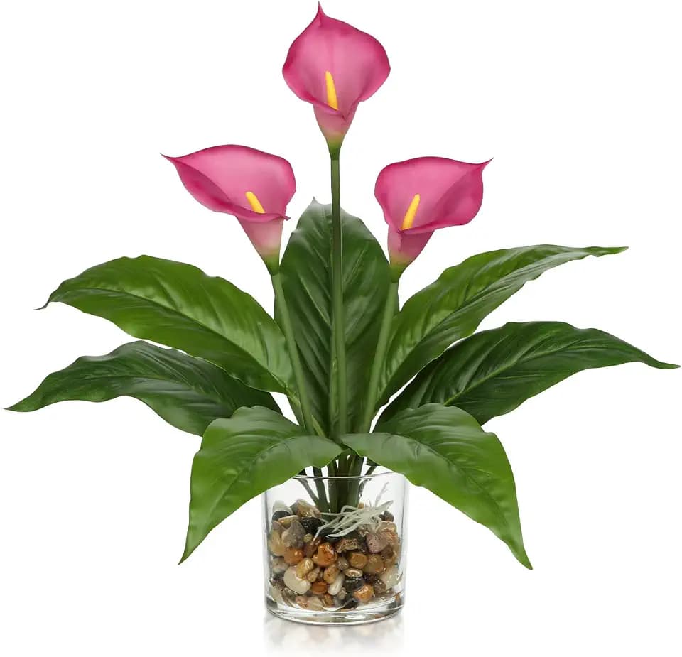 Briful Künstliche Calla Blumen im Glas Vase mit Kieselsteinen & Kunstwasser – 39cm Hoch – Deko Pflanze für Wohnzimmer, Büro, Bad – Kunstblume Wie Echt in Weiß, Pink – Dekoblumen
