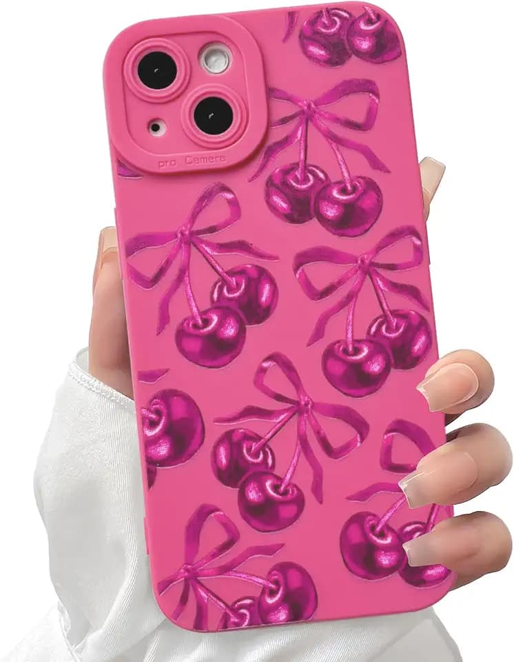 Lovmooful for iPhone 14 Plus Case Cute Bowknot-Rose Red Cherry Bow