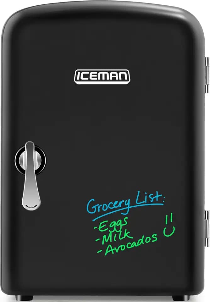 Iceman Mini Portable Board Personal Fridge, Cools & Heats, 4 Liter Capacity, Chills 6 12oz, 100% Freon-Free & Eco Friendly, Includes Plugs for Home Outlet & 12V Car Charger, 6 Cans, Black Dry Erase