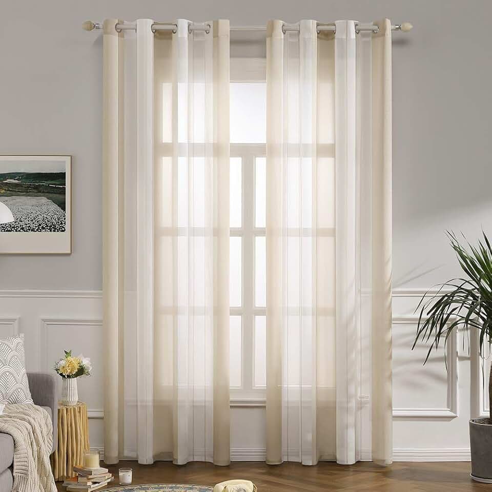MIULEE Voile Gardinen Beige-Weiß Kurz Vorhang mit Ösen 2er Set 140x145 cm