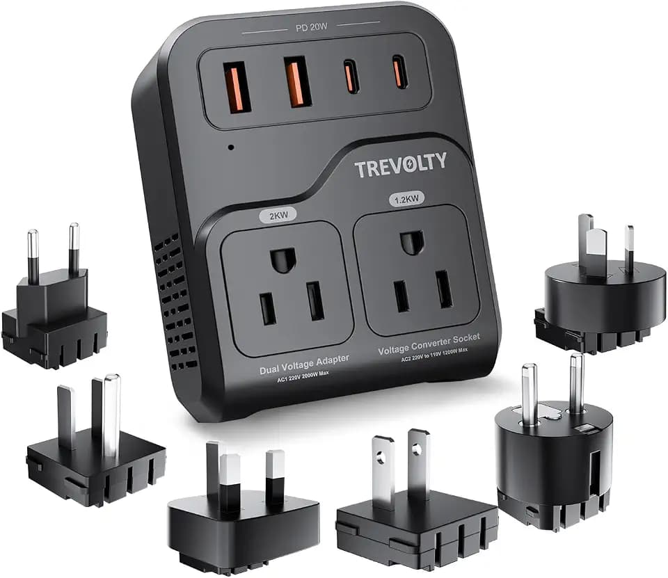 2000W Voltage Converter US to Europe, 220V to 110V Converter for Hair Dryer, 7-in-1 European Travel Plug Adapter with 3AC/2USB-A/2USB-C (PD20W), Travel Essentials with Type ABCE/FGI (Black)
