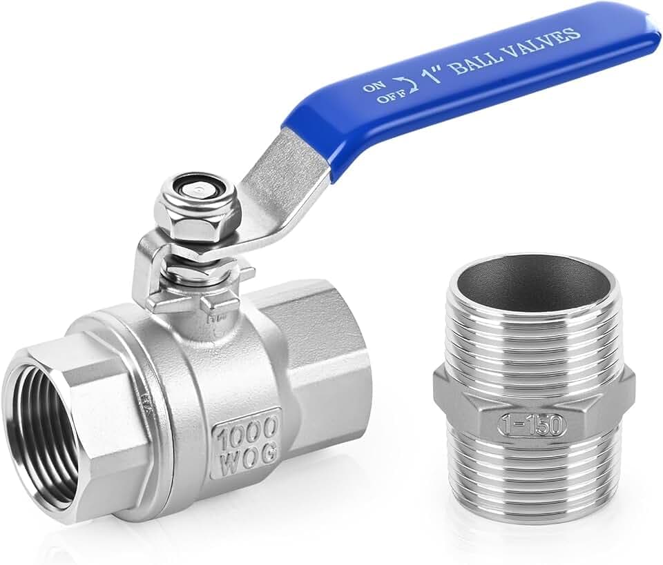 1" Female NPT Full Port Ball Valve with Male Hex Nipple, 1 Set