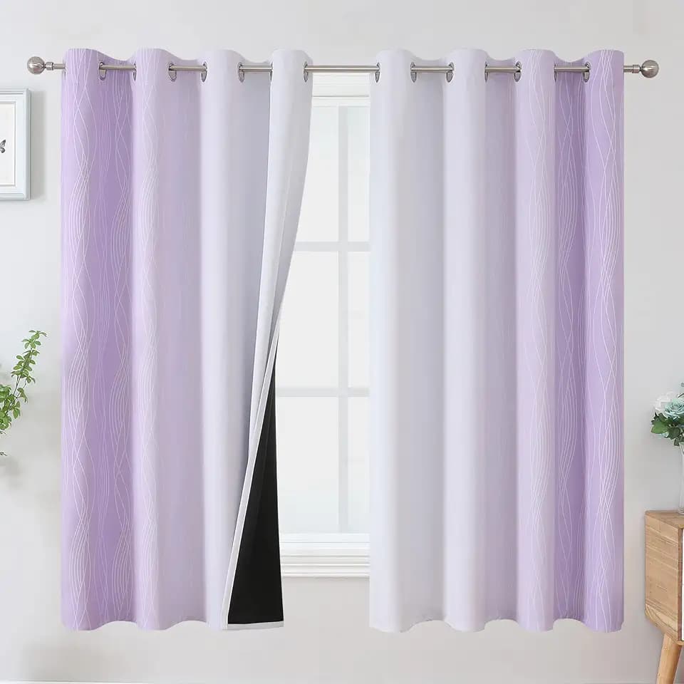 Lilac and Greyish White Ombre Blackout Curtains for Bedroom 63 Inch Long