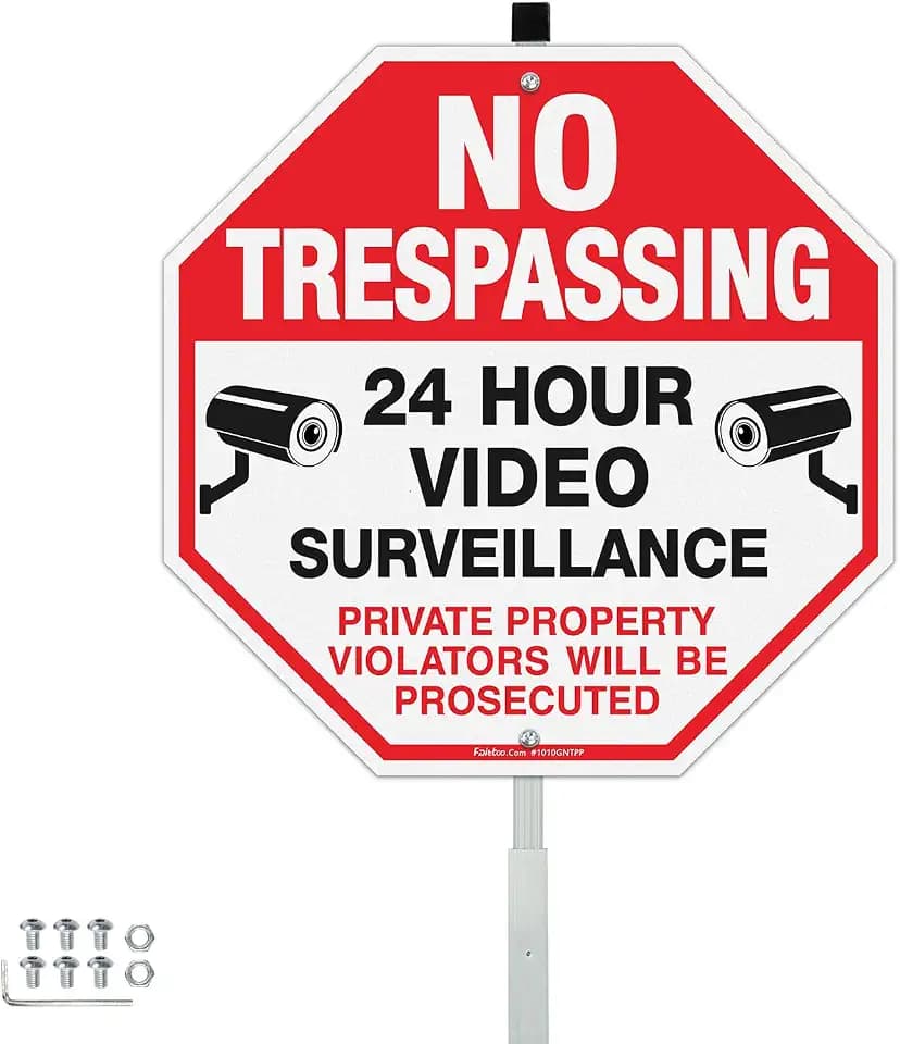 Faittoo No Trespassing Signs Private Property with 42" Stake for Outside, 10"x10" Video Surveillance Sign, Rust Free Aluminum, Reflective, 2 Pre-drilled Holes, Includes Matching Screws & Wren