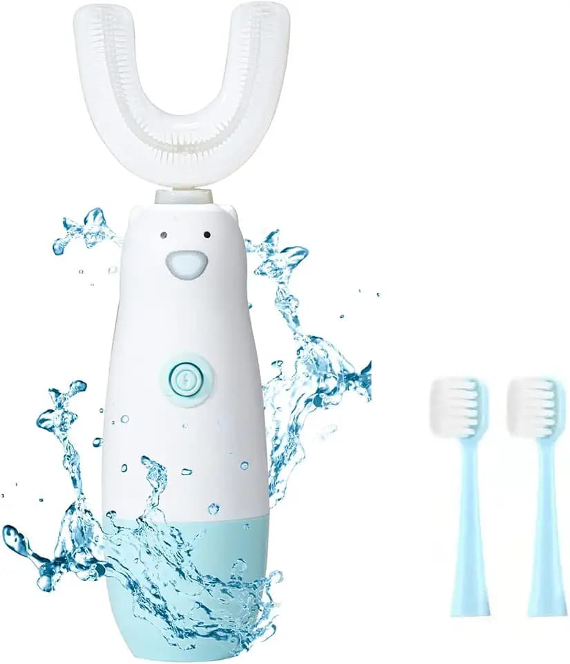 Meqtpomy Kids Electric Toothbrush，U Shaped Toothbrush Waterproof Battery Powered 360 Automatic Sonic Toddler Toothbrushes for 8-13 Years Old for Boys Girls ，with 2 Replacement Brush Heads（Blue）