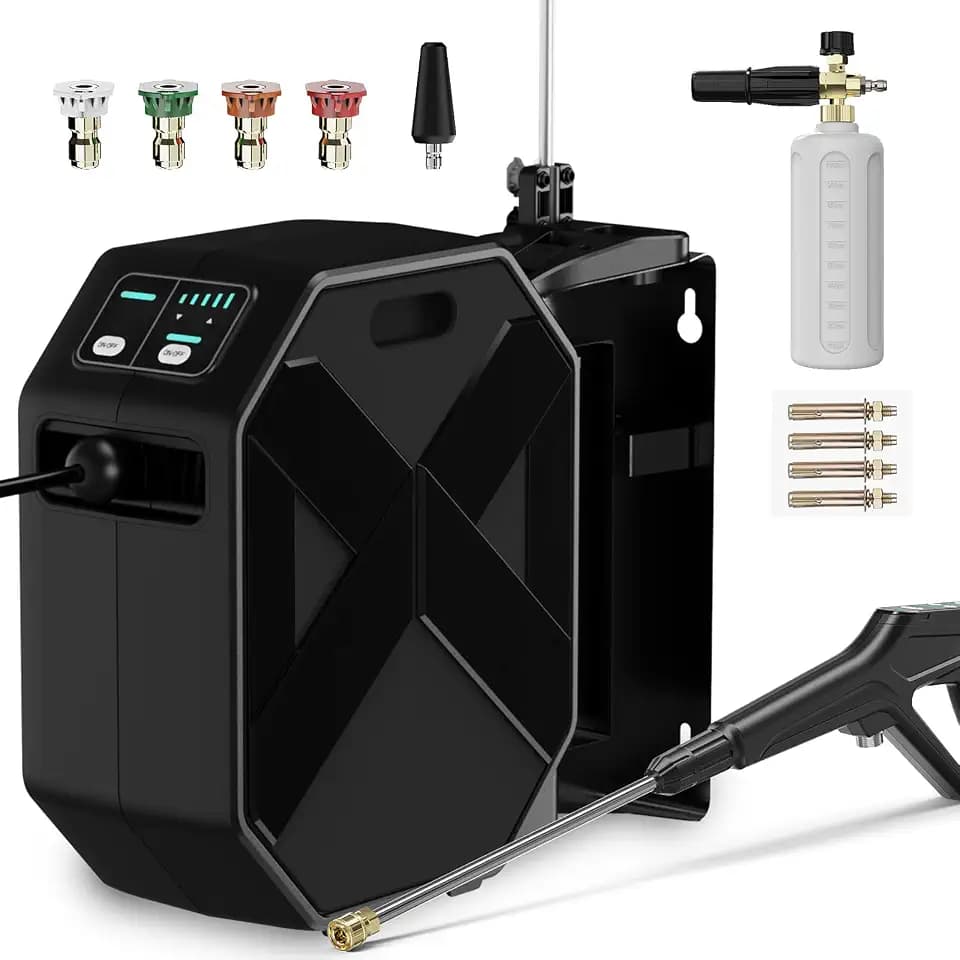 Wall Mounted PowerWasher, 100FT Retractable Hose, Foam Cannon & 5 Quick Connect Nozzles for Car, Lane, Patio Cleaning