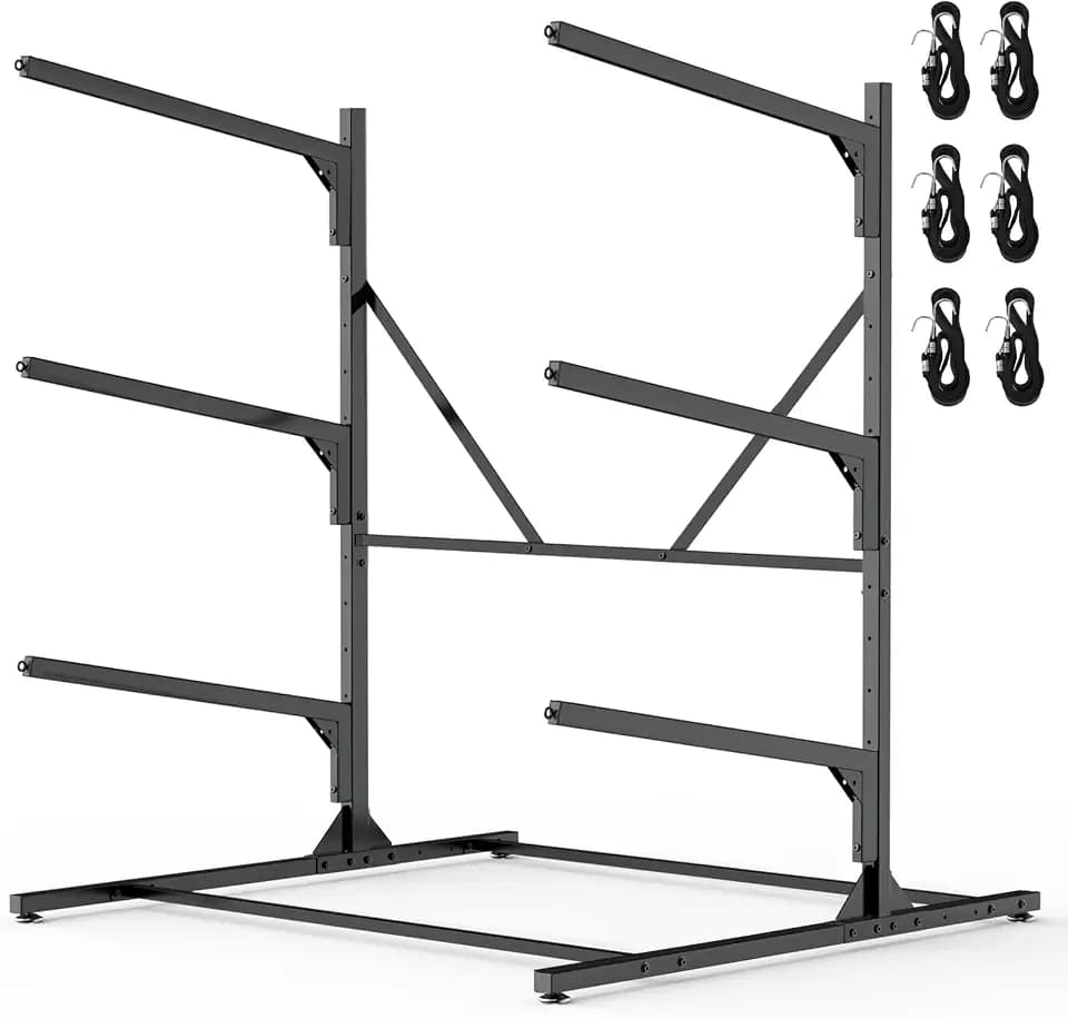 Kayak Storage Rack, Heavy Duty Freestanding Kayak Rack for Garage and Outdoor Storage, Kayak Stand Adjustable for Kayak, Canoe, Surfboard and Paddle Board (3-Kayak)