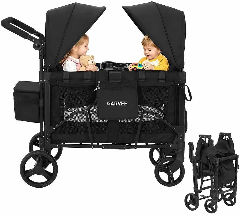 Bollerwagen Für 2 Kinder, Bollerwagen Faltbar Kinder mit Snack Ablage mit Sitzen, abnehmbarem Sonnendach, 5-Punkt, schwenkbaren/feststellbaren Rädern und 600D Oxford-Gewebe