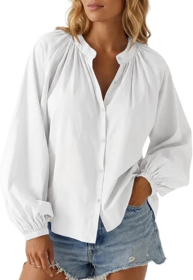 Cicy Bell Damen Puffärmel Bluse Oversize Blusenshirt Rundhals Button Down Langarmshirt Sommer Oberteile Lässige Tunika Bikini Cover Up