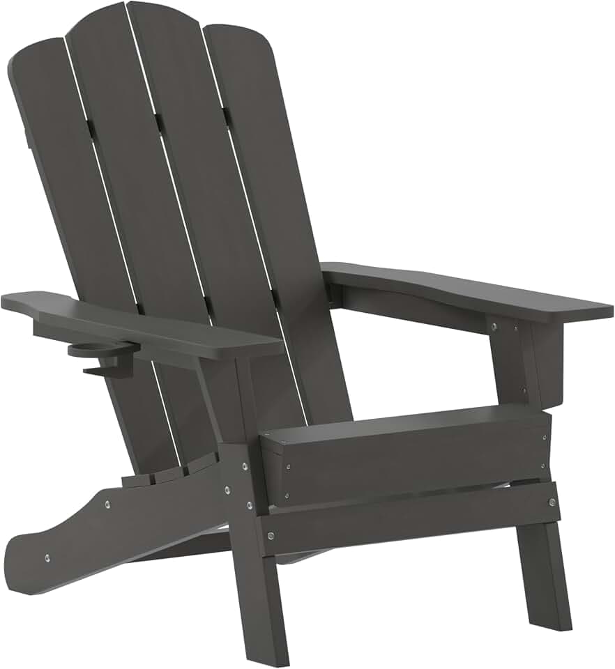 Flash Furniture Newport Adirondack Chair with Cup Holder, Weather Resistant Poly Resin Adirondack Chair, Gray