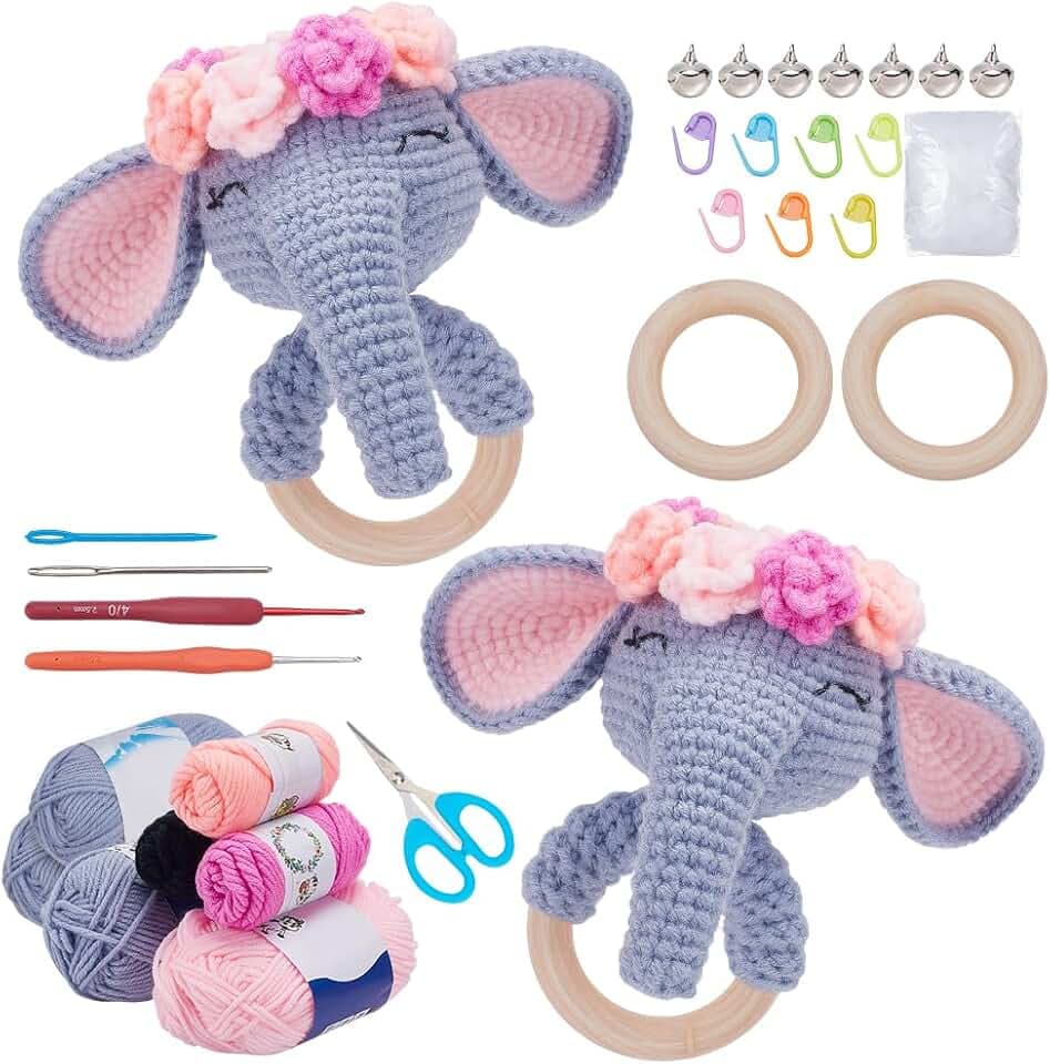 WEBEEDY 2 Sets DIY Wooden Rattle Elephant Crochet Kit for Adults Beginners, Wooden Rattles Shaker with Bells Animal Crochet Starter Kit with Step-by-Step Video Tutorials Handmade Gift for Shower