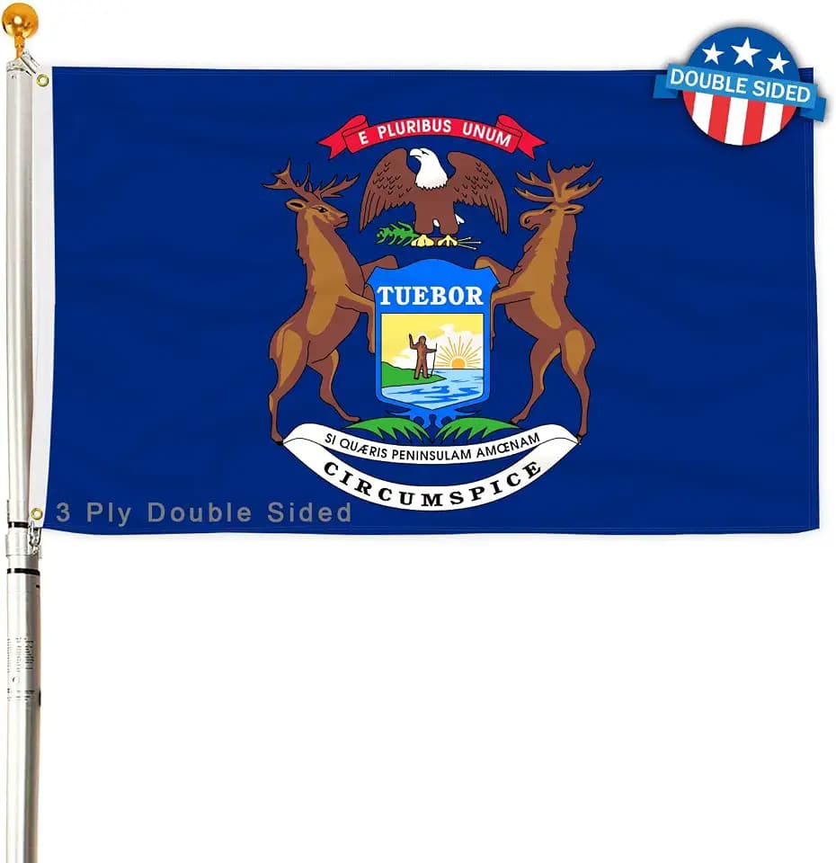 3 Ply Michigan State Flag 2x3 Ft 150D Polyester Double Sided Outdoor Heavy Duty Vivid Colors with Durable Canvas Header and 2 Brass Grommets