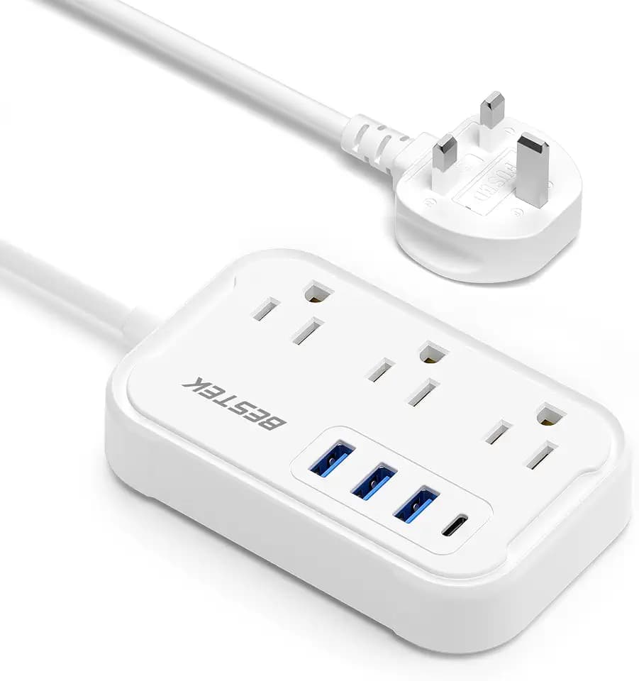 BESTEK US to UK Travel Plug Adapter: Type G Adapter with 3 AC Outlets and 4 USB (1 PD20W) - Power Strip for USA, UK, Ireland, Scotland, Hong Kong, British, London - 2.6ft