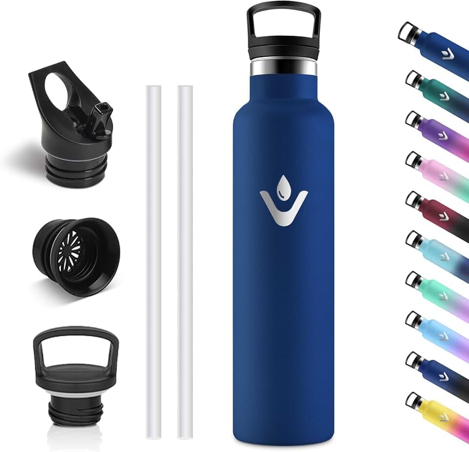 Vikastar Edelstahl Trinkflasche, Thermosflasche 1l, BPA-frei Trinkflasche, Thermosflasche mit Strohhalm, Trinkflaschee für Schule, Sport, Fahrrad, Camping, Dunkelblau