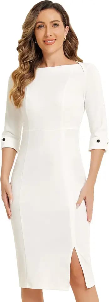 Allegra K Damen Elegant U-Bootausschnitt 3/4 Ärmel Midi Split Etuikleid