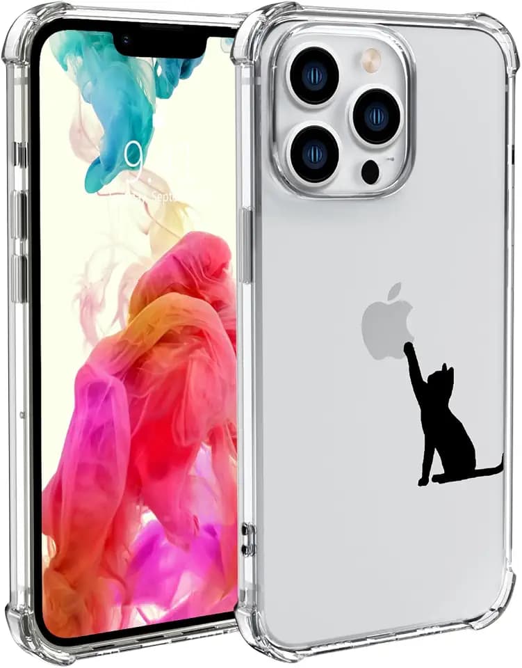 Cute Cat Phone Case for iPhone 15 Black Cat Case Cover Clear Phone Case w/Four Corner Reinforced Shockproof Girly Women Phone Cover Transparent Preppy Phone Case with Design
