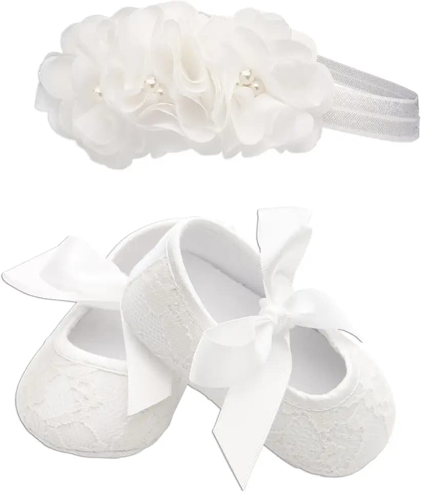 Cherished Moments Baby Baptism Shoe with Lace in Light Ivory with Headband, Gift for Christening or Dedication for Baby Girl (Sizes 1)