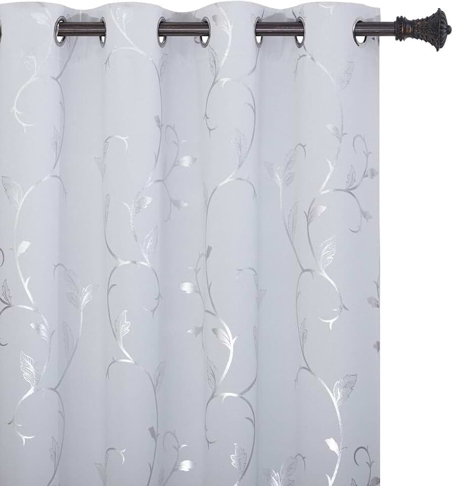 BUHUA Small Window Decor Blackout Curtains Thermal Insulated Room Darkening with Silver Vine Print Pattern for Kitchen 52W×45L Greyish White 2 Panels