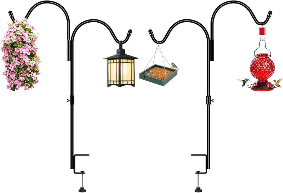 Gtongoko 35 Inch 2 Pack Double Deck Hook for Railing, Deck Bird Feeder Pole with 3 Inch Strengthened Clamp for Hanging Bird Feeders, Lanterns, Wind Chimes, Flower and Plant Baskets
